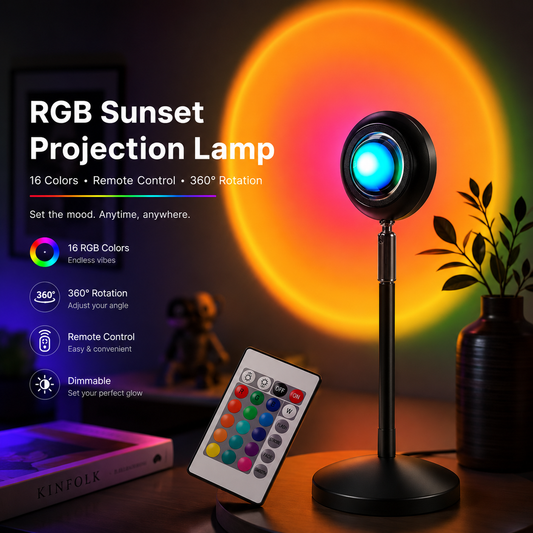 RGB sunset projection lamp on a table with its remote control, showing a large colorful projected light circle in the background. Text on the left highlights 16 colors, remote control, 360-degree rotation, and dimmable lighting.