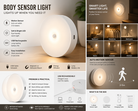 Body Sensor Light – USB Rechargeable Motion Sensor LED Night Light