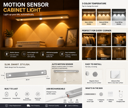 Motion Sensor Cabinet Light – USB Rechargeable LED Under Cabinet Light