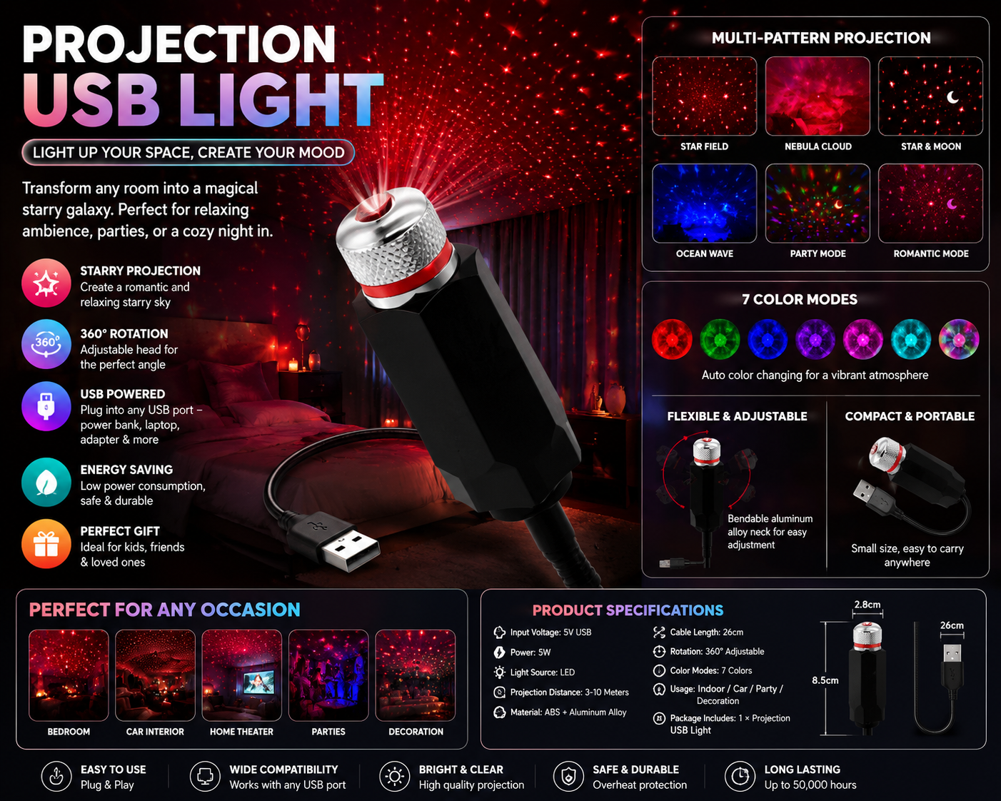 Projection USB Light – Star Galaxy Projector