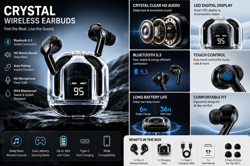 Crystal Wireless Earbuds with LED Display