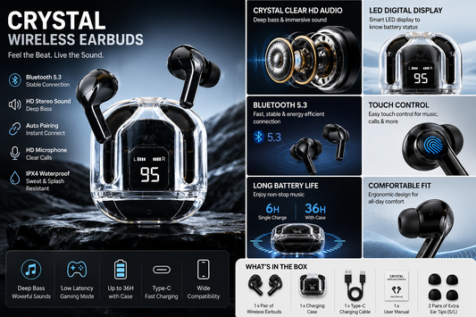 Crystal Wireless Earbuds with LED Display