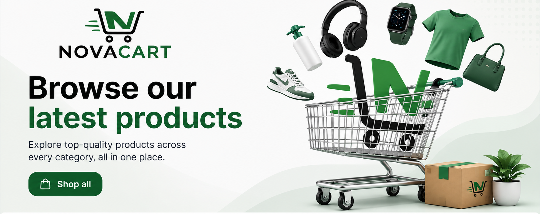 Novacart advertisement with a shopping cart filled with products and promotional text on a white background.