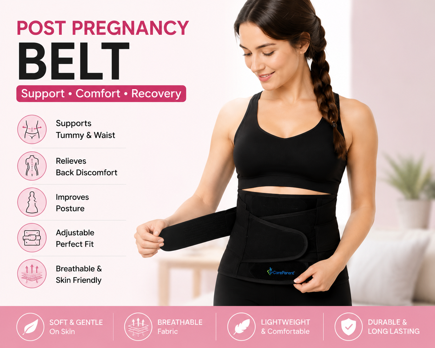 A woman wearing a black post-pregnancy belly support belt is shown in a bright indoor setting, with text on the left describing benefits and a pink footer with feature callouts. The product itself is black with a small blue brand logo.