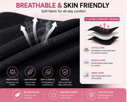 Promotional graphic for a black breathable mesh fabric, highlighting its soft texture, 3-layer comfort design, and key benefits such as breathability, lightweight, softness, and safety for skin.
