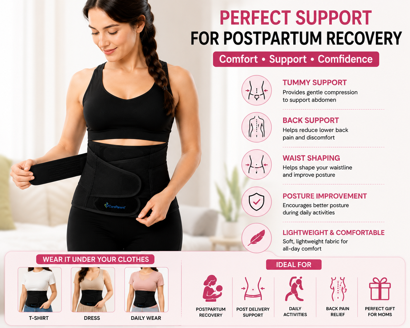 A promotional graphic for a postpartum support belt worn by a woman in a black tank top, with text callouts about tummy support, back support, waist shaping, posture improvement, and lightweight comfort. The layout includes feature icons and an ideal for section at the bottom.
