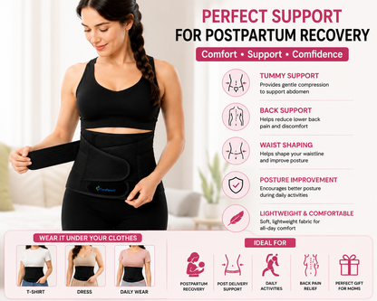 A promotional graphic for a postpartum support belt worn by a woman in a black tank top, with text callouts about tummy support, back support, waist shaping, posture improvement, and lightweight comfort. The layout includes feature icons and an ideal for section at the bottom.